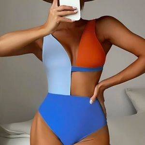 Blue and orange one piece swim suit